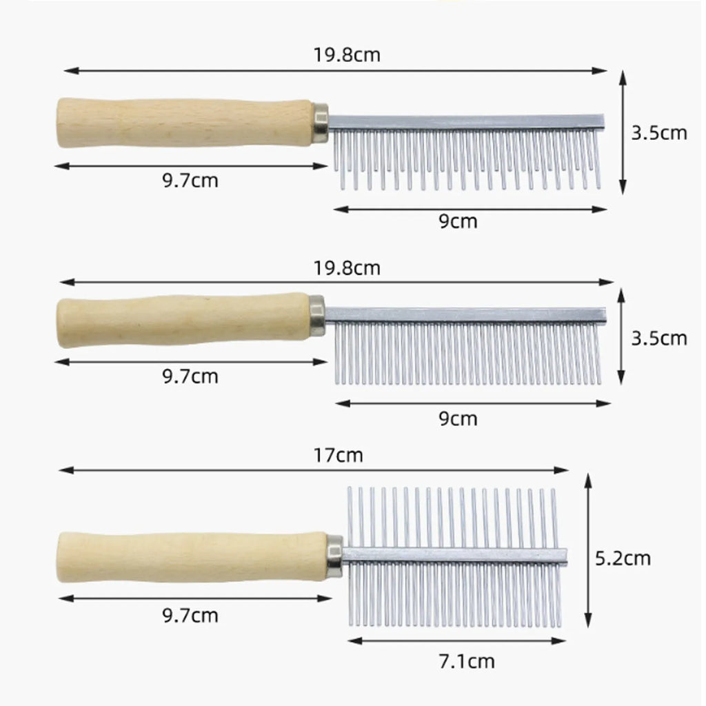 Wooden handle pet grooming comb for dogs and cats showing rounded teeth