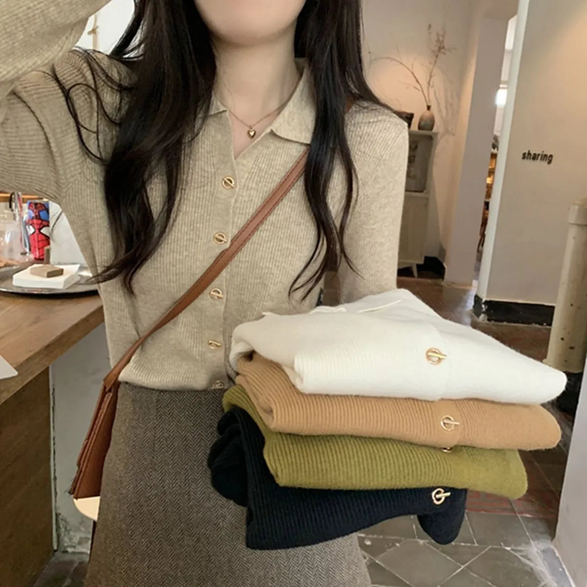 Loose fit viscose knitted cardigan in beige colour with long sleeves