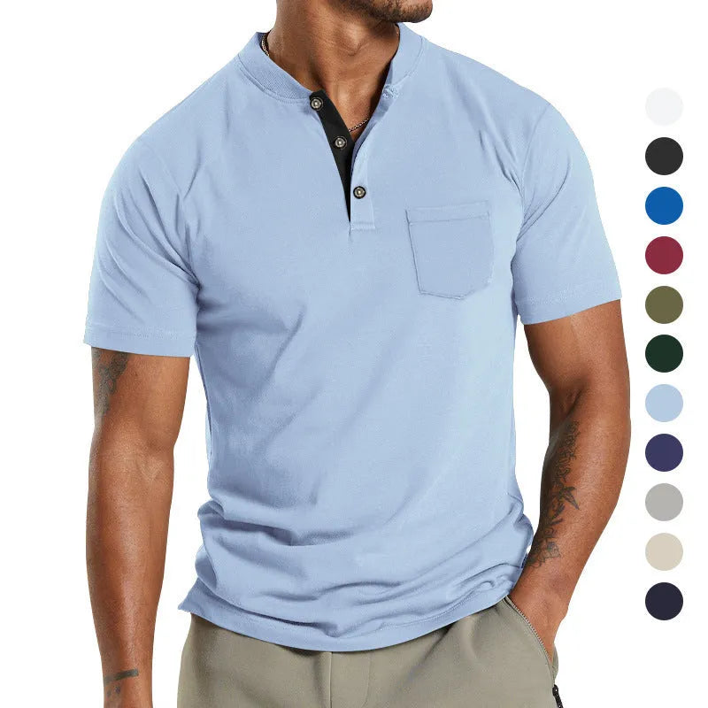 Plus size man wearing a solid colour short sleeve polyester shirt with a chest pocket.
