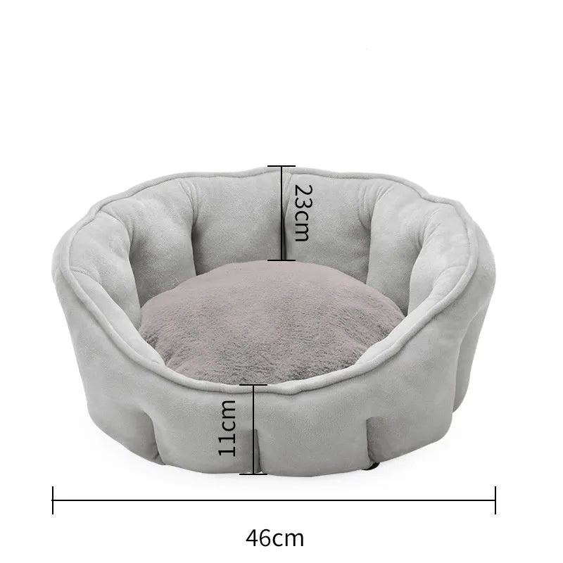 Grey plush cat kennel mat with a removable fabric house, an overhead hammock, and a base for a litter tray.