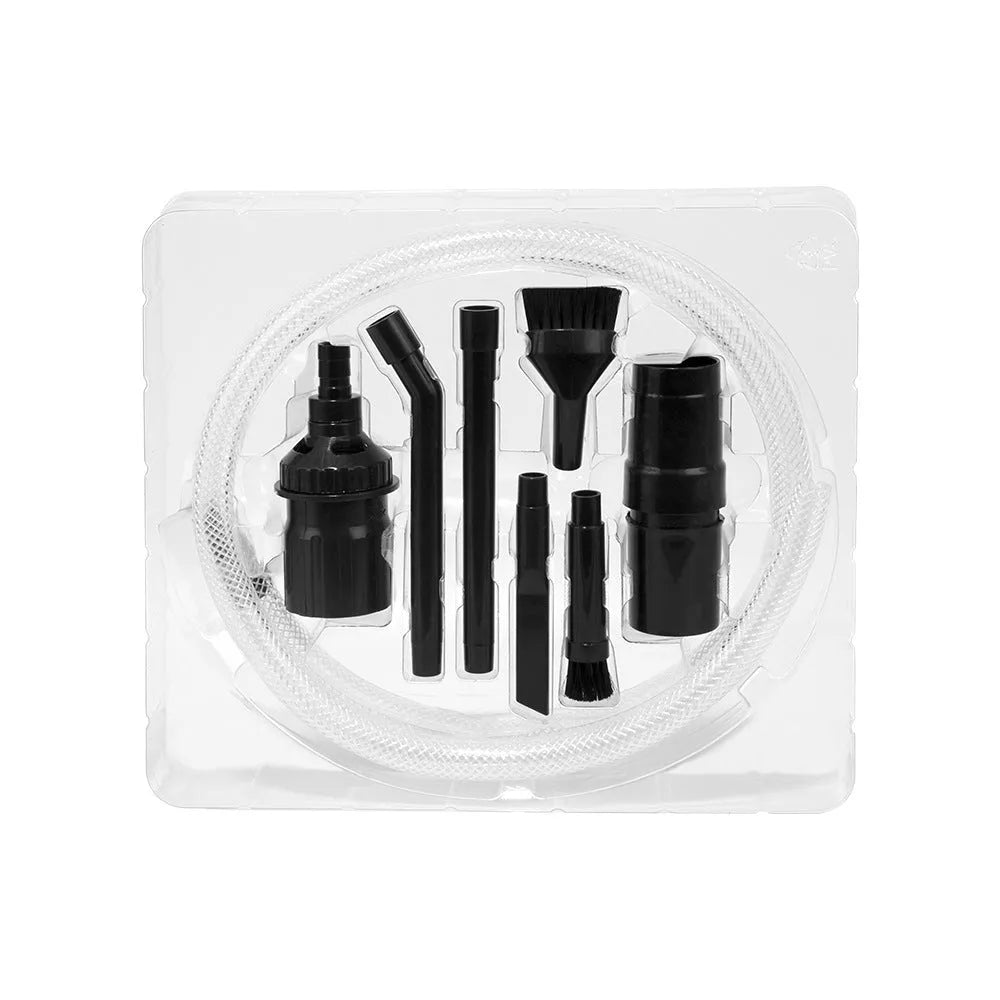 Eight-piece multifunctional vacuum cleaner suction head accessory set with tool kit for small areas.