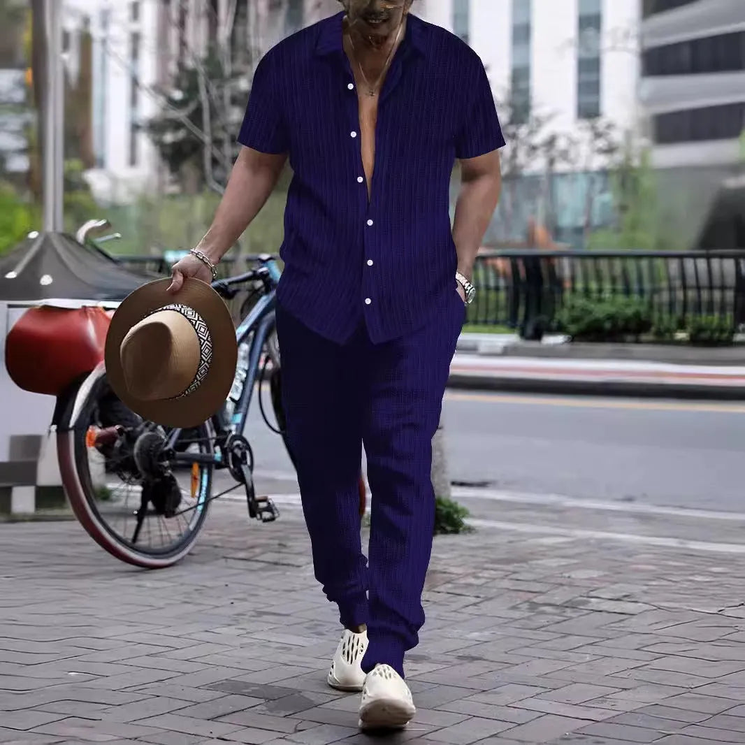 Men's casual short sleeve shirt and trousers beach suit set in cotton blend fabric