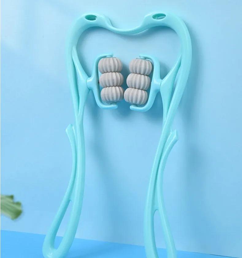 Blue swan-shaped six-wheel neck massager with removable balls and natural jade scraping board on white background