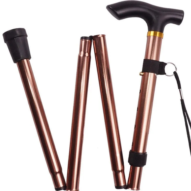 Aluminium folding walking cane extended, showing non-slip handle and adjustable shaft.