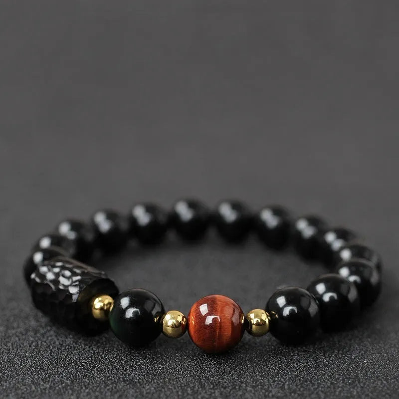Obsidian bracelet with 10mm tiger eye beads in retro circle style for unisex couple jewellery