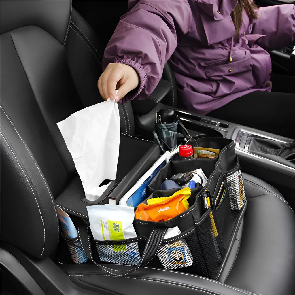 Black oxford cloth car boot storage box organiser measuring 33cm by 33cm by 16cm.
