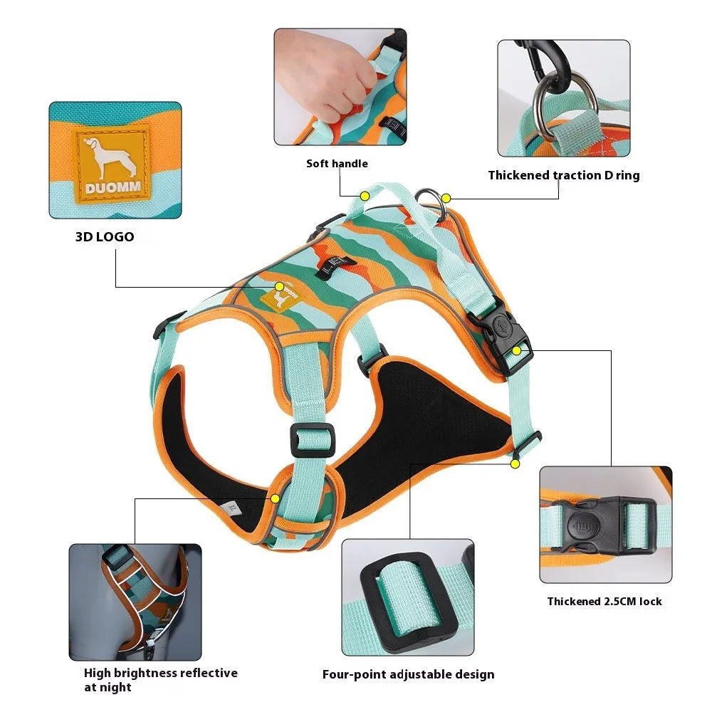 Reflective orange dog harness and leash with hand-holding rope on a chest and back design.