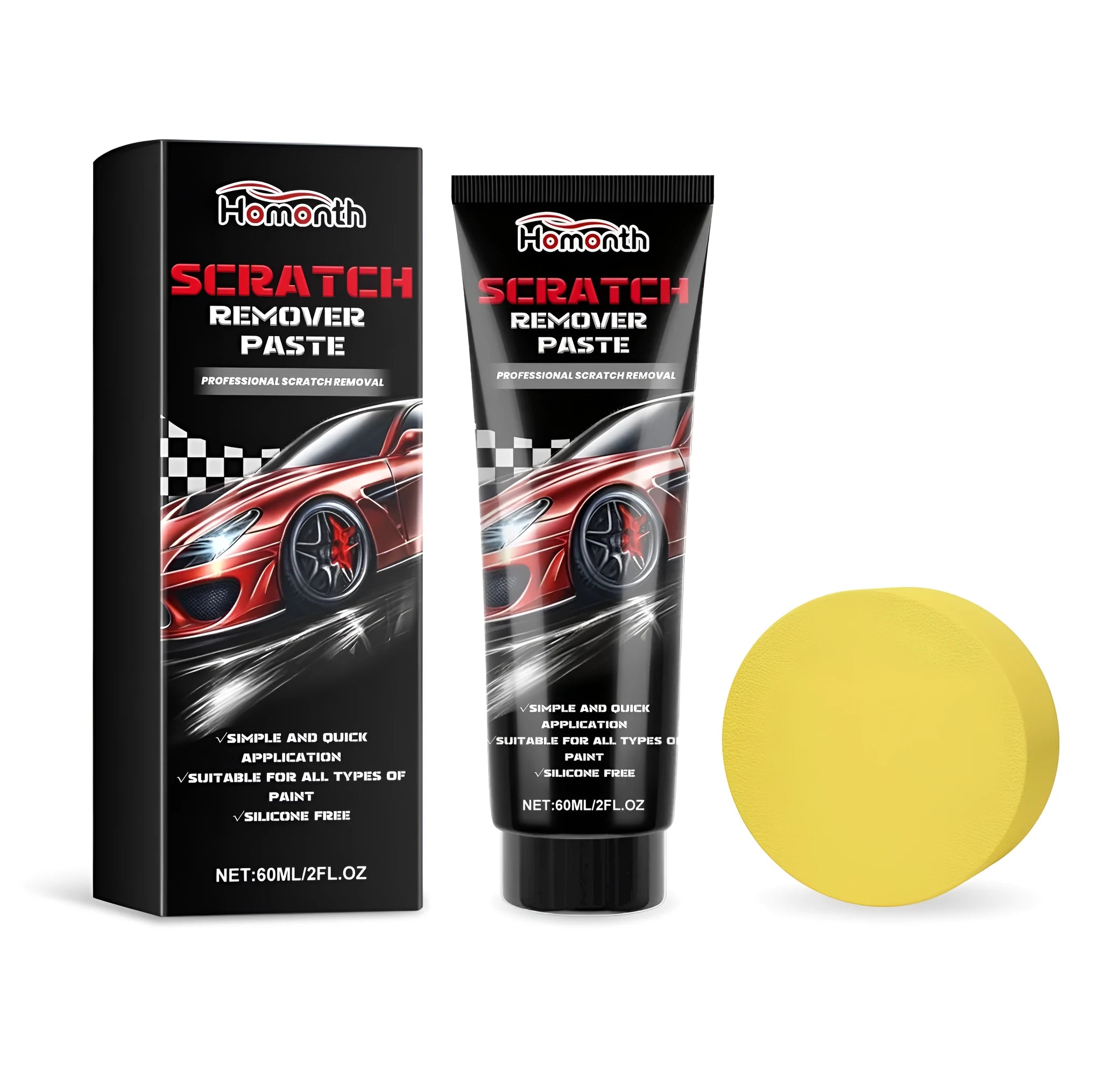 Car scratch remover paste in 5.5 x 13.6 cm bottle with 6.8 x 6.8 x 2.5 cm application sponge for minor paint damage