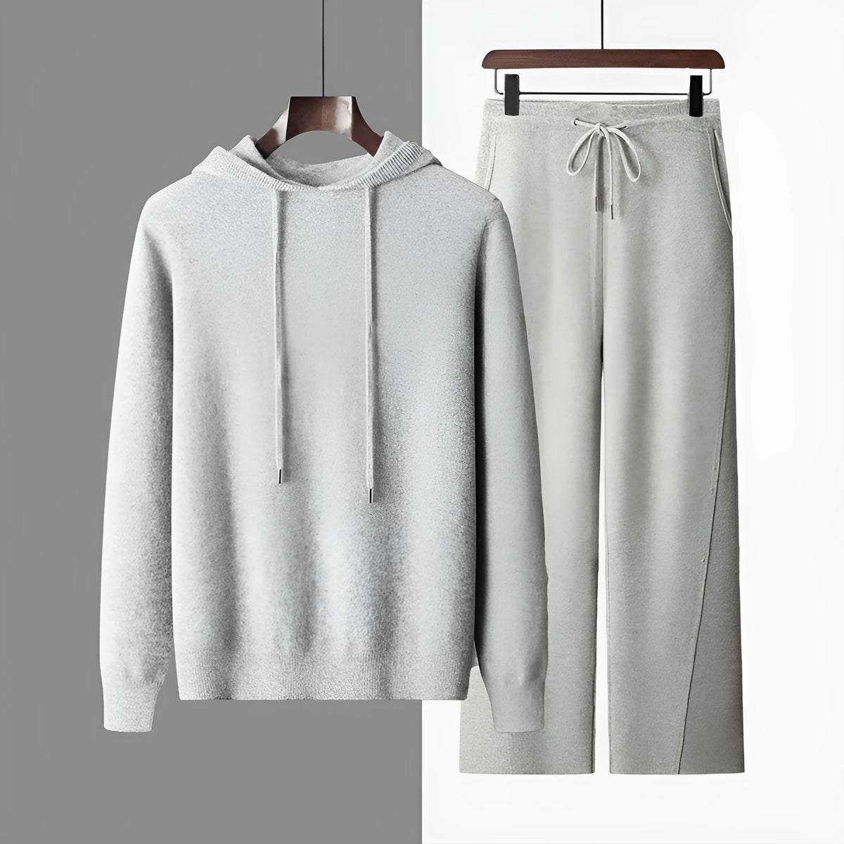 Men's pure wool two-piece set with seamless hoodie and drawstring knitted pants in black, dark grey or light grey