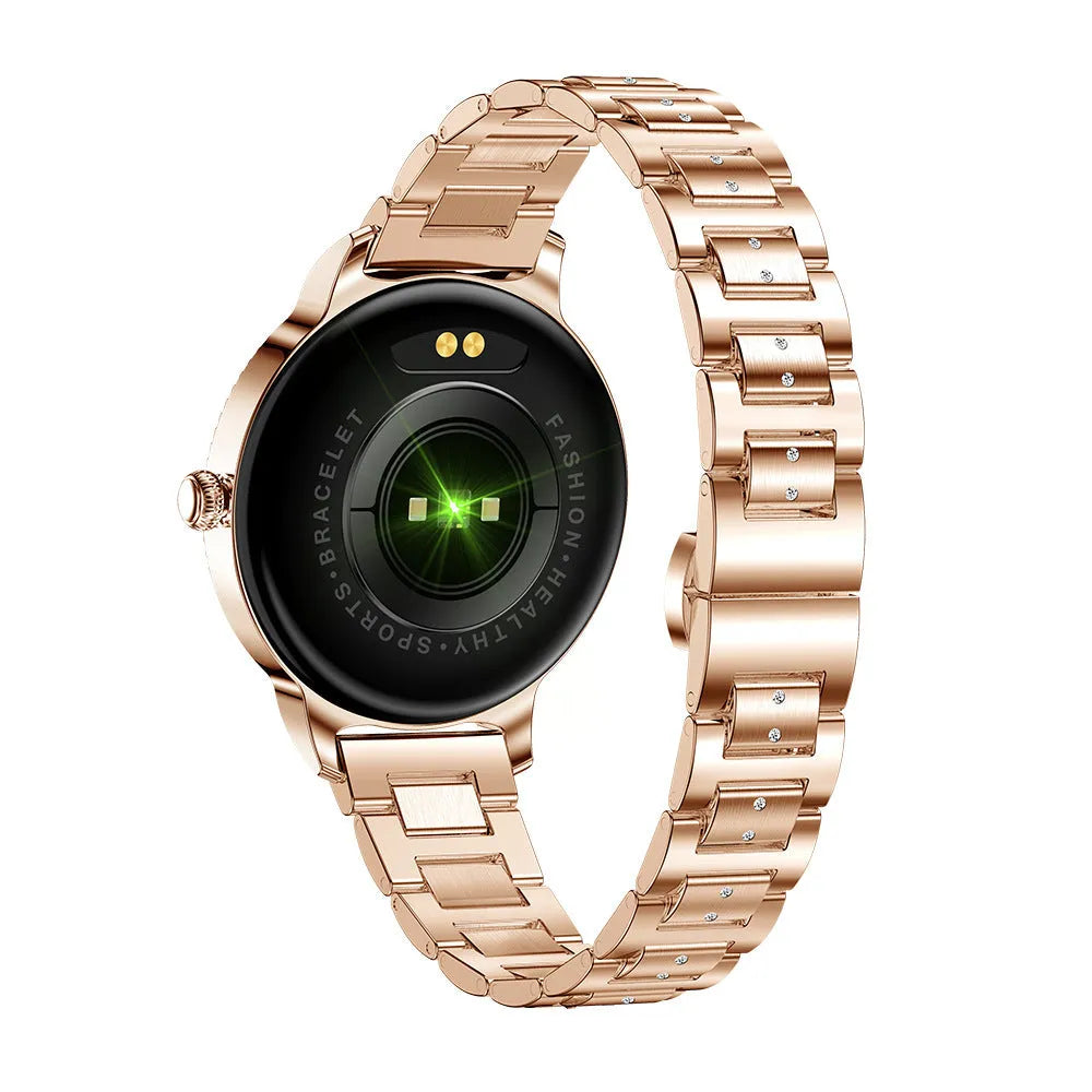 AK38 ladies smart watch with stainless steel Milanese band showing on a wrist.