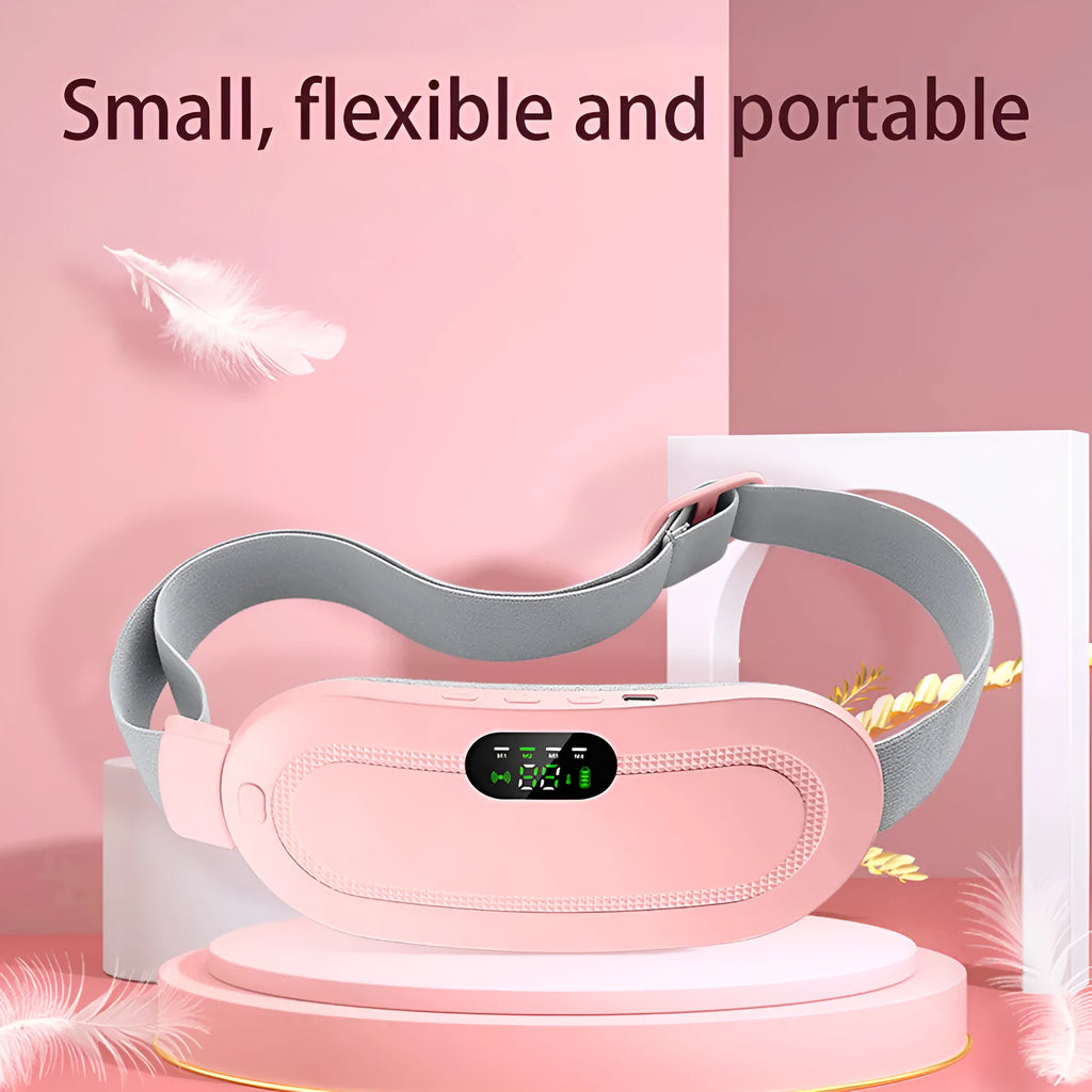 Pink menstrual heating pad with controller displaying temperature settings and vibration options
