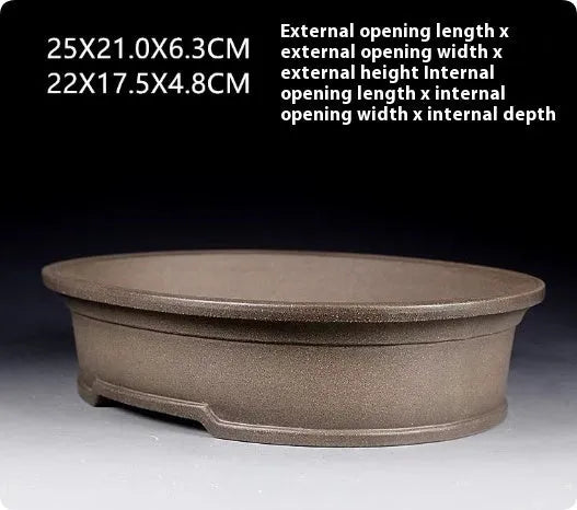 Handmade antique oval purple sand ceramic bonsai pot measuring 25cm long