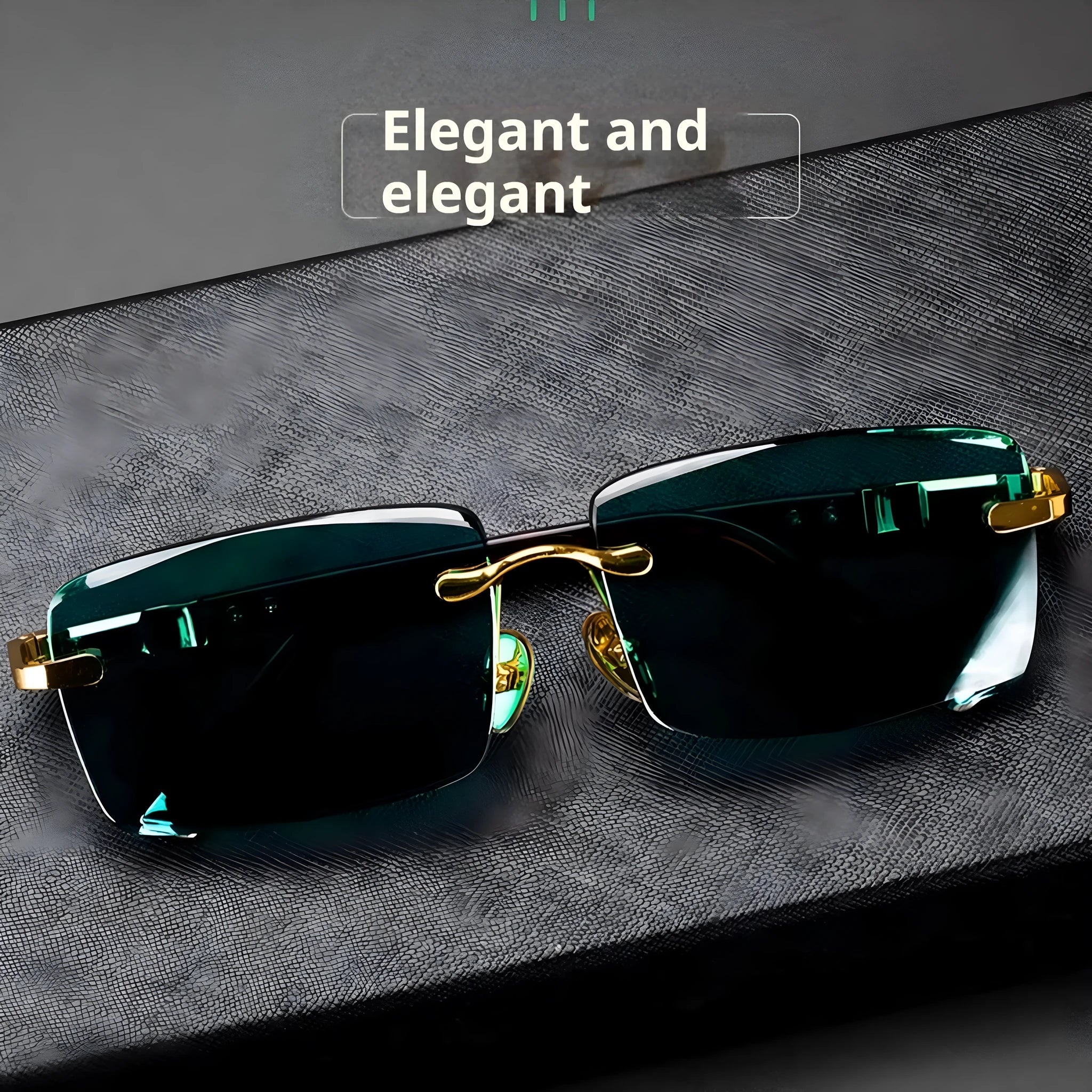 Frameless sunglasses with dark green crystal lenses showing a decorative wealth attracting pattern.