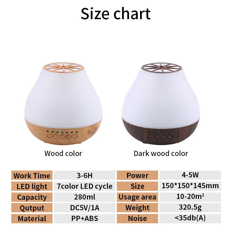 USB essential oil aroma diffuser with colourful LED lights in wood grain finish