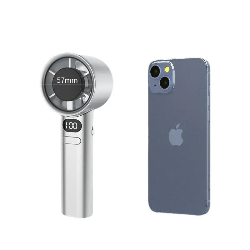 A handheld personal fan showing colour options of green, khaki, silver, and white, with 120-speed variable control.
