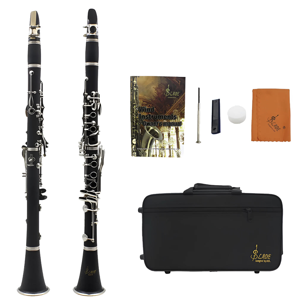 Black Bakelite clarinet with nickel-plated 17-key mechanism and protective carry bag