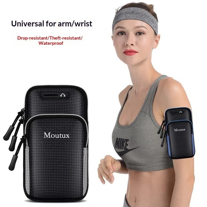 Unisex waterproof anti-theft arm bag for running, shown in black gray with arm strap