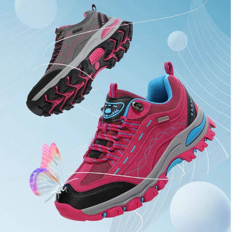 Breathable low top hiking shoes PU mesh upper rubber sole purple grey rose red sizes 36 to 44