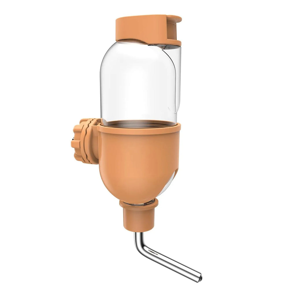 Blue pet water bottle with rotatable nozzle for small animal cages showing measurement scale