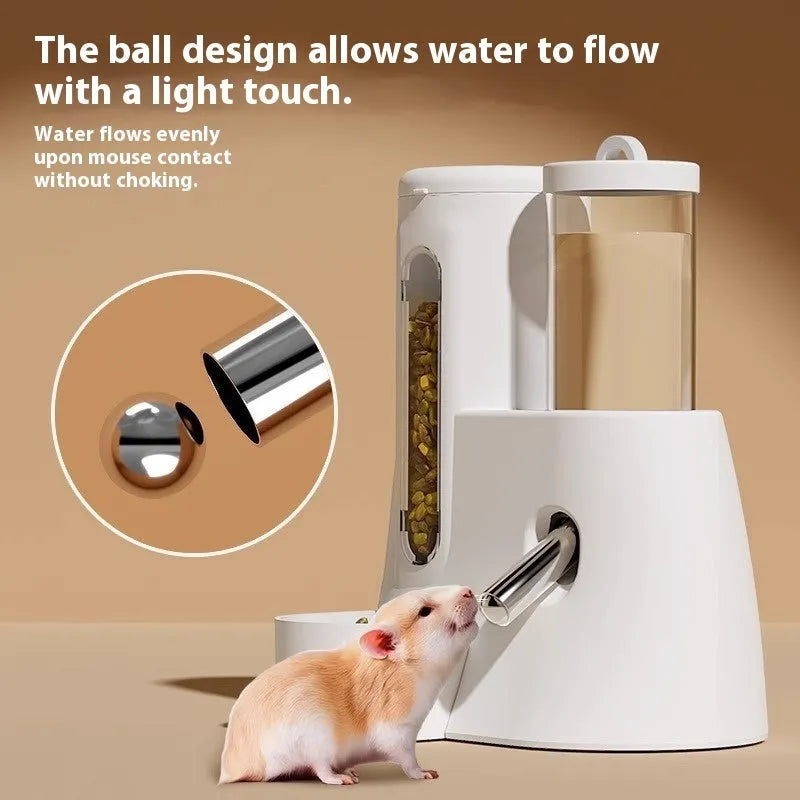 White hamster automatic drinking bottle feeder with integrated blue food bowl for small pet cage.