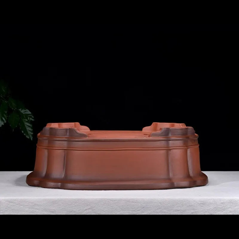 Large antique-colour purple clay flowerpot with Chinese tree stump pine cypress pomegranate golden marble antique jade belt crabapple design