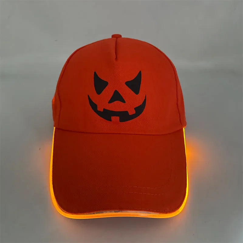 Halloween LED baseball cap with light-up front panel showing pumpkin smile design