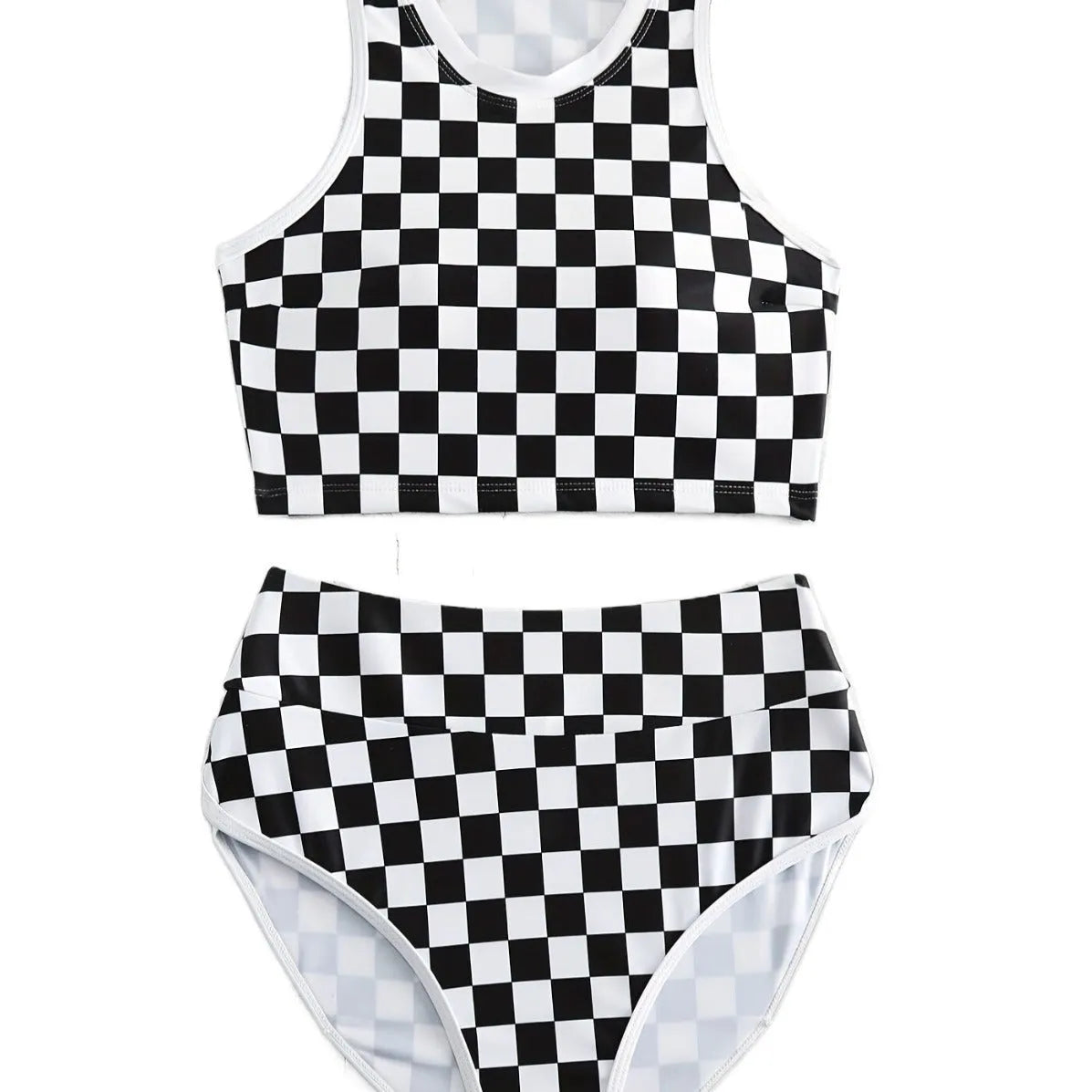 Adult woman wearing a black and white checkerboard print one-piece swimsuit with suspender straps and a backless sporty design.
