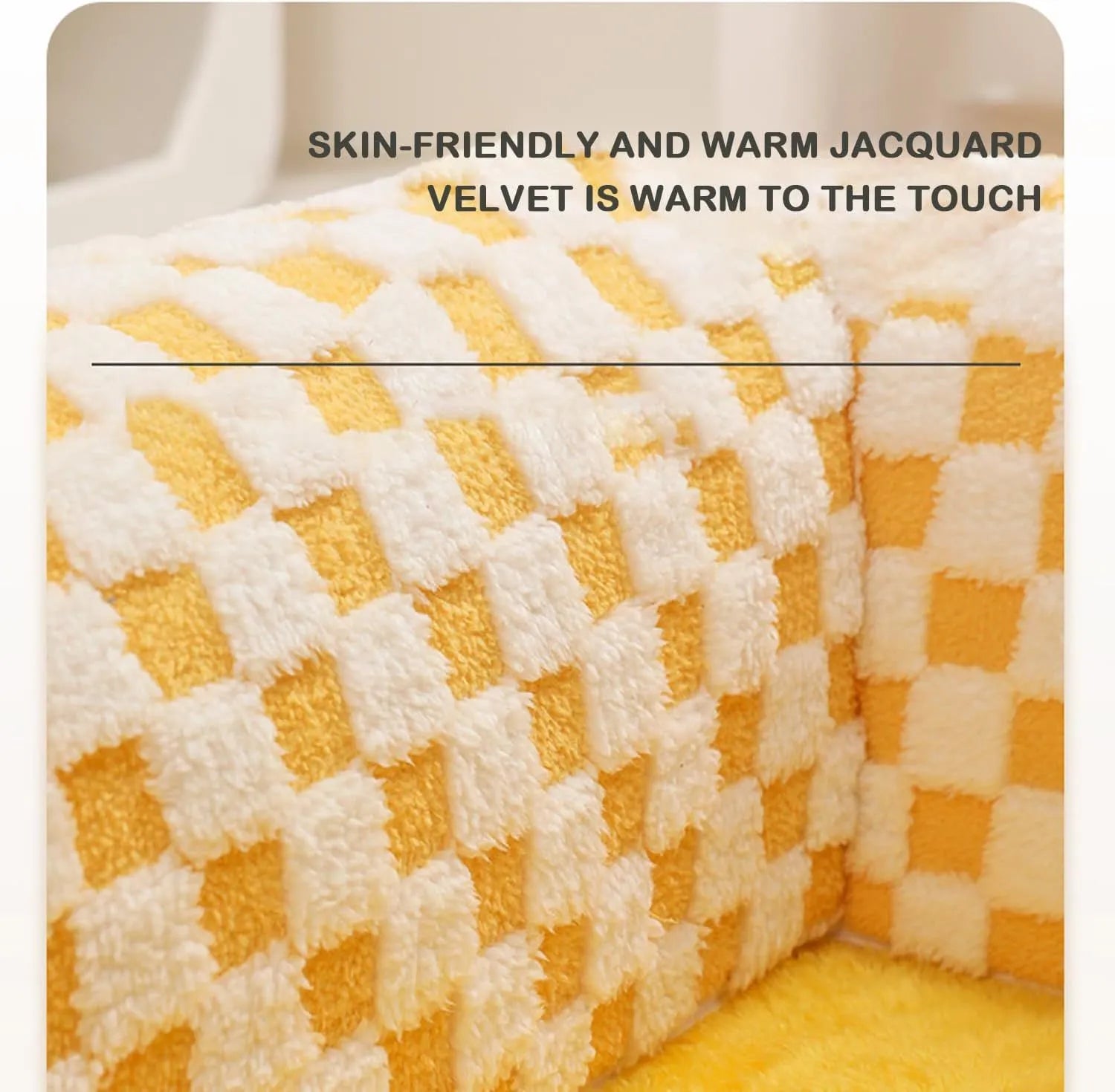 Fan shaped plush pet bed with integrated tunnel in plaid design, shown in coffee colour.