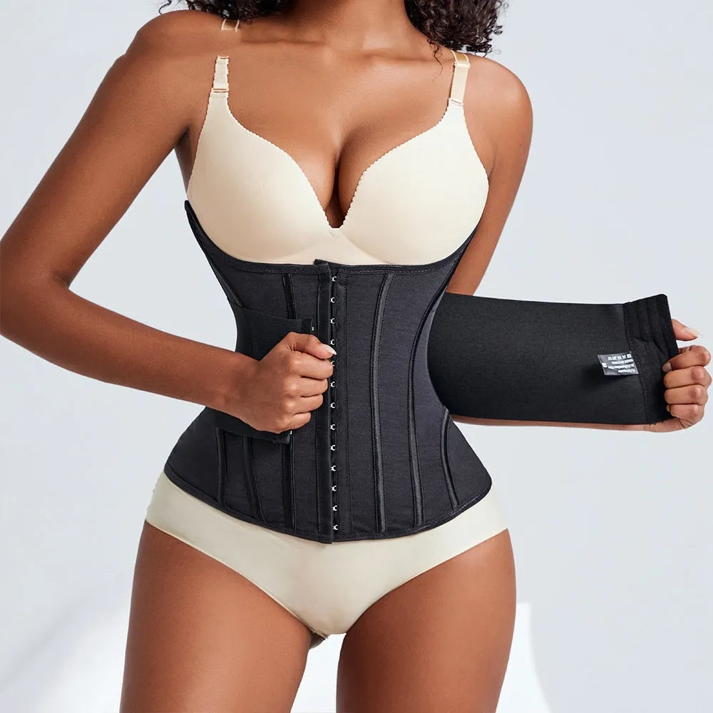 Adjustable nylon belly band for waist training in black and apricot colours with belt tie closure