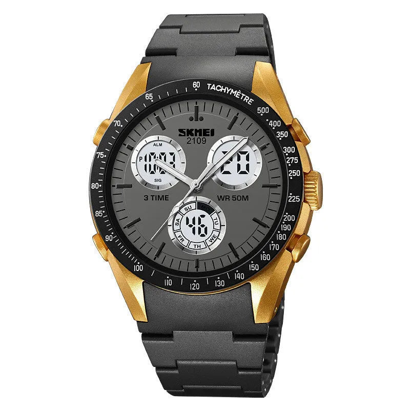 Electronic unisex casual watch with a camouflage-pattern strap showing water resistance and a stainless steel button.
