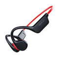 Bone conduction Bluetooth headset in black and red with ear-hook design for sports and waterproof use