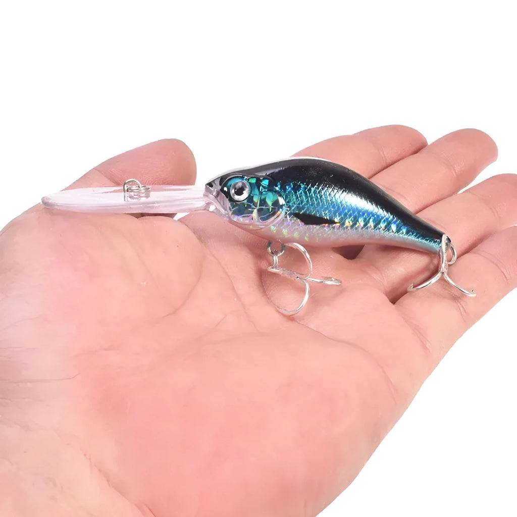 Deep diving mino pattern fishing lure showing floating rock action design