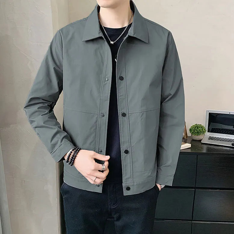 Men's thin Korean-style single-layer jacket in polyester, shown in light grey, featuring long sleeves and a stitched construction.