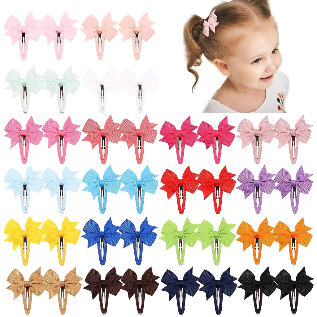 40-piece set of multicoloured grosgrain ribbon baby hair bows with fully wrapped snap clips.