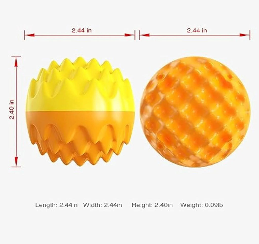 Blue and orange spiky rubber dog ball with squeaker for dental cleaning and water fetch