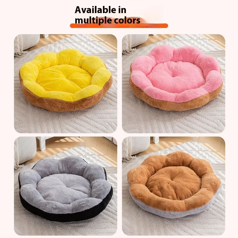 Round thick rabbit plush cat bed with a detachable cushion in grey black colour.