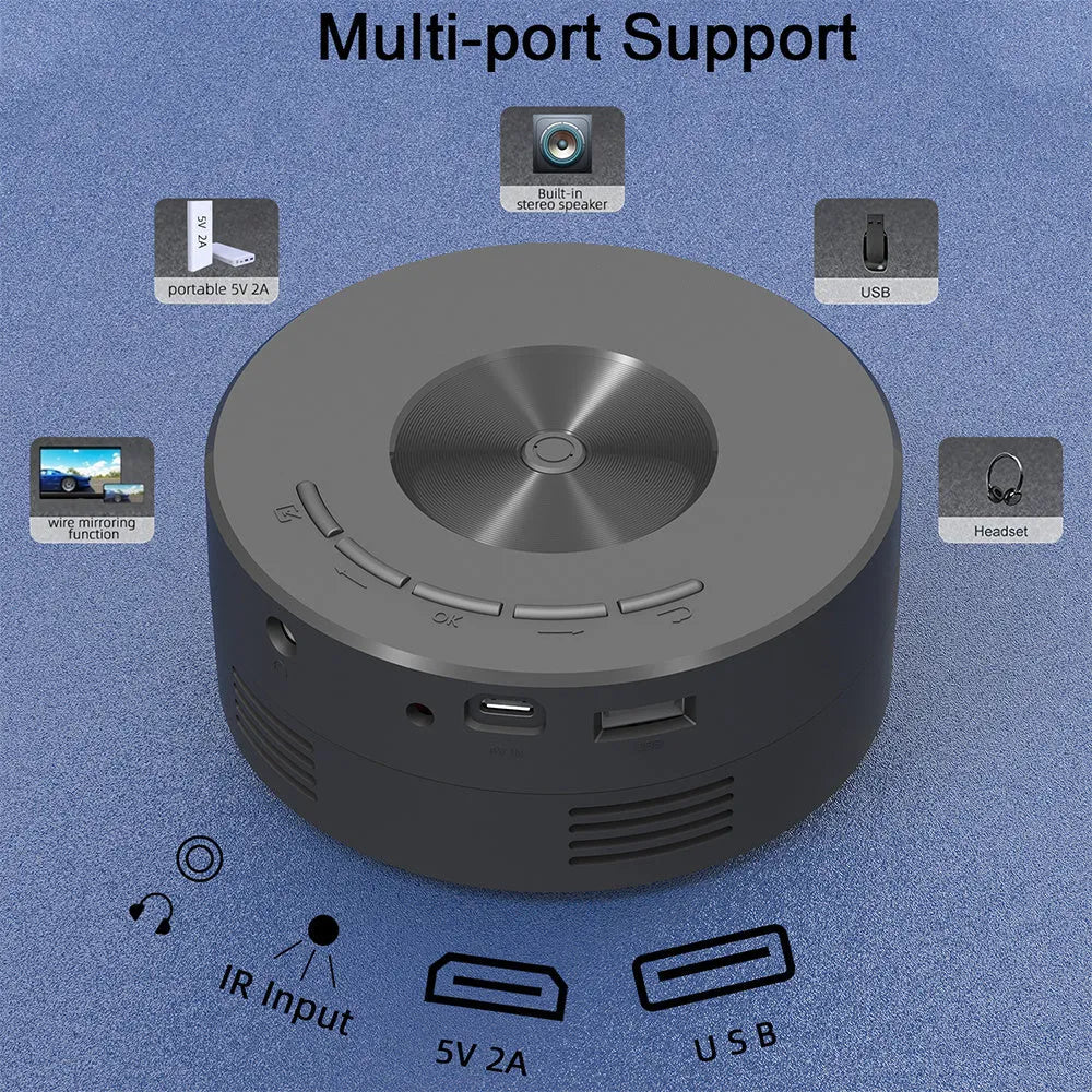 Black mini portable children's projector for mobile phones measuring 110mm
