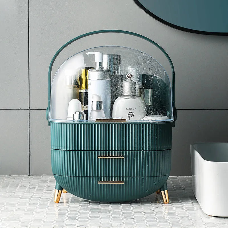 Desktop plastic storage box with lid for cosmetics, available in green, light green, or white colours