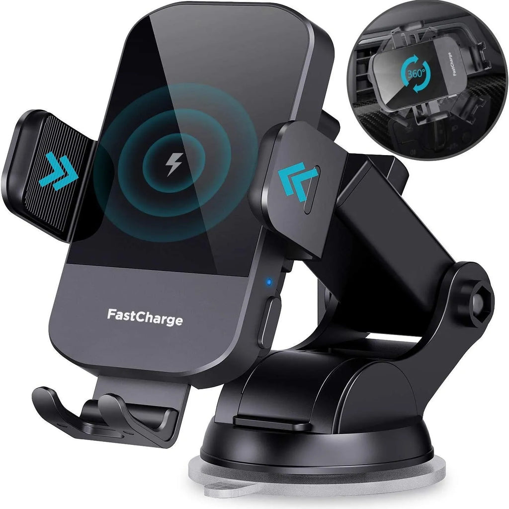 Black car wireless charging stand with 15W fast charging mounted on dashboard