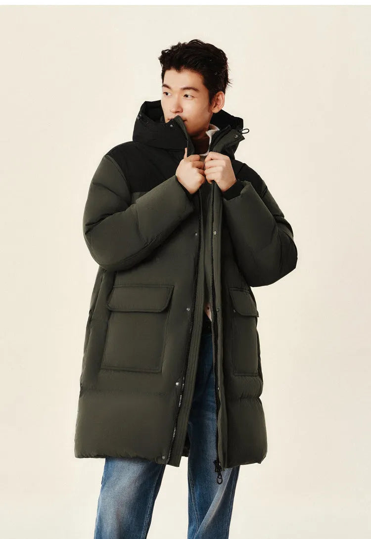 Long waterproof winter coat in army green with duck down filling, front view