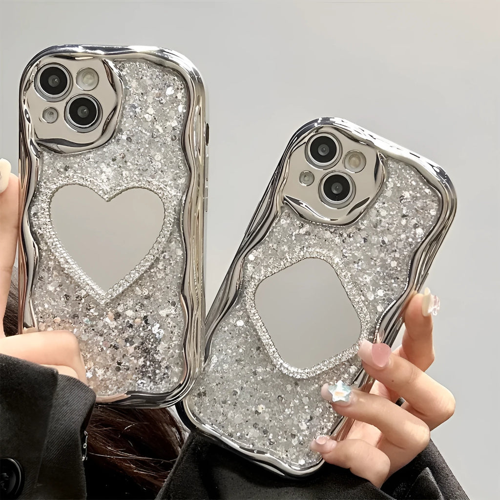 Cream shell high flash epoxy phone case with heart shape mirror in Silver for Apple iPhone