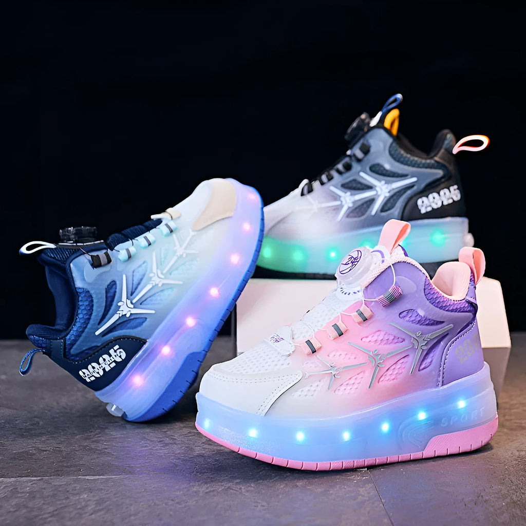 Children's flash knob roller skating shoes with adjustable closure in blue, black, or pink colours