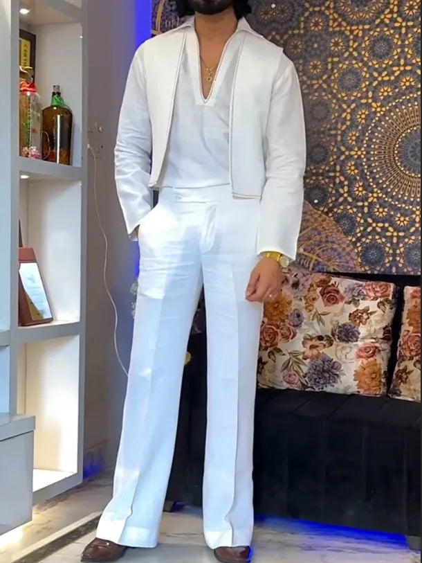 White three-piece outfit set showing V-neck shirt, sleeveless vest, and trousers laid flat