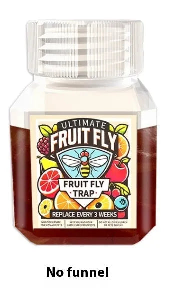 Clear plastic bottle of fruit fly trapper bait liquid for reusable pest control traps