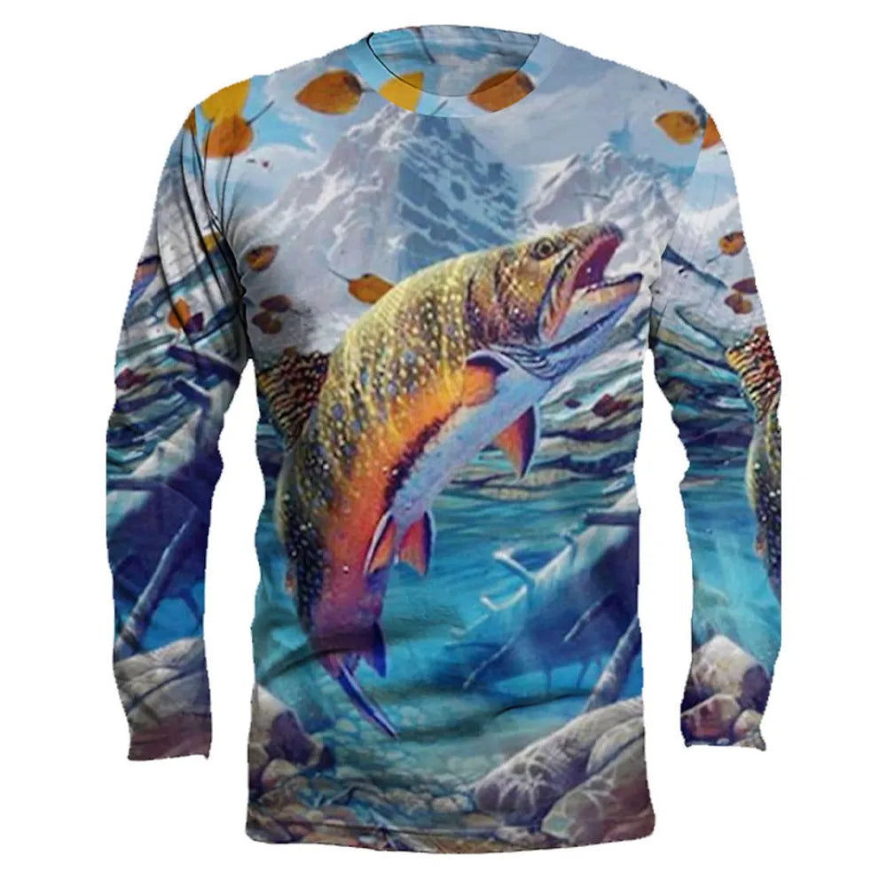 Men's long-sleeved grey pullover with a detailed all-over fish print design, round neck.