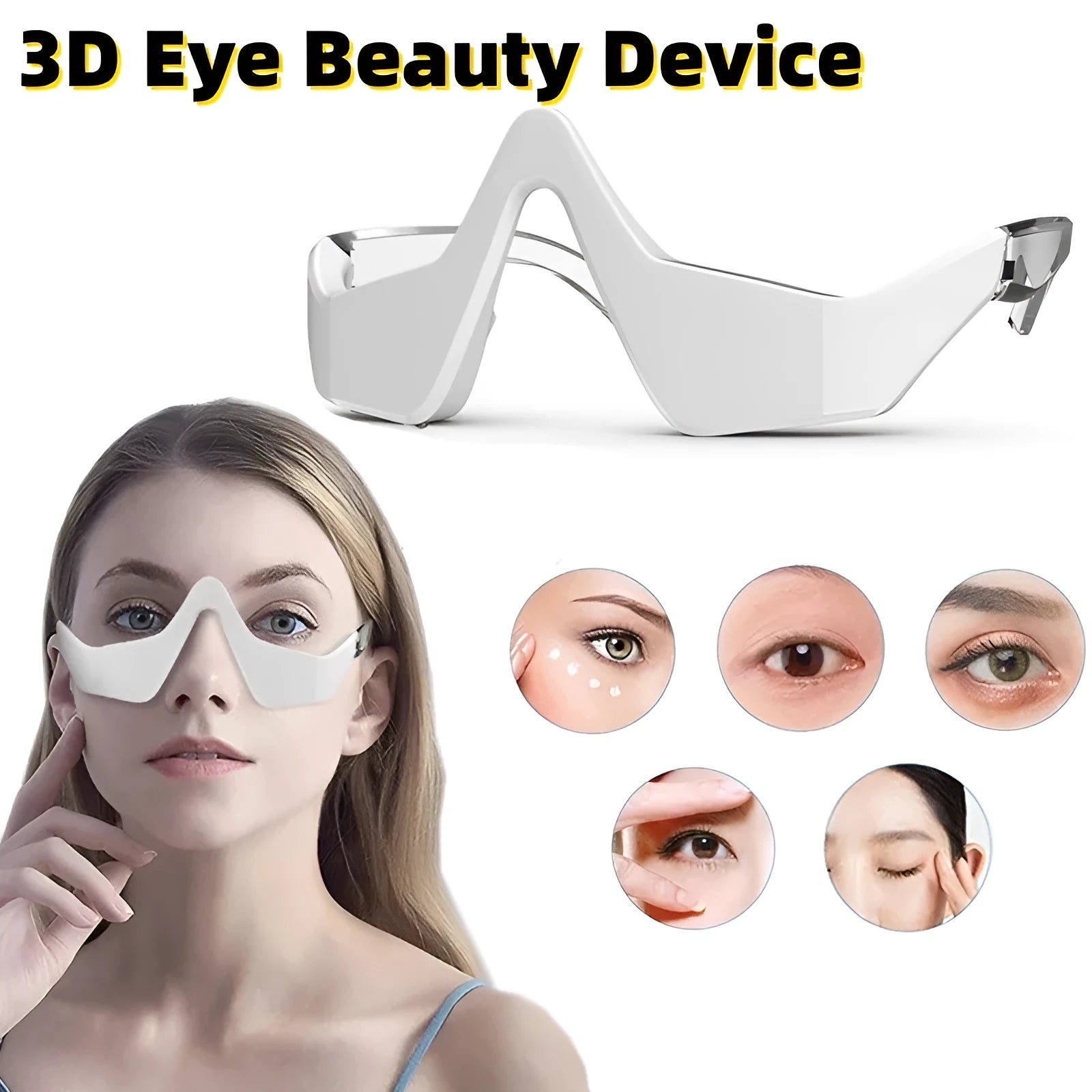 Pink and white 3D micro-current eye massager with glasses-style design on a stand.