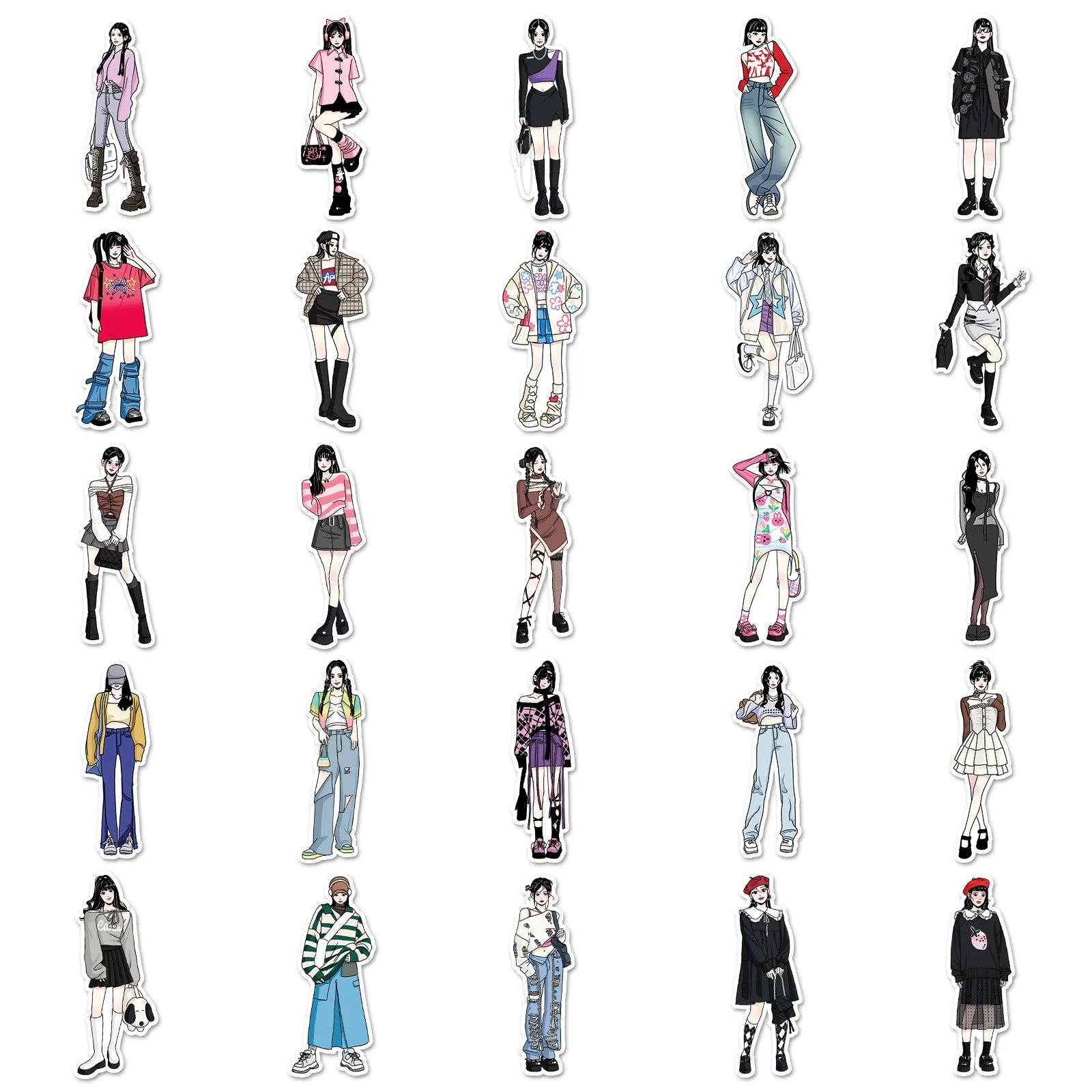 50 hand-painted graffiti cartoon stickers featuring fashion costume designs on a white background