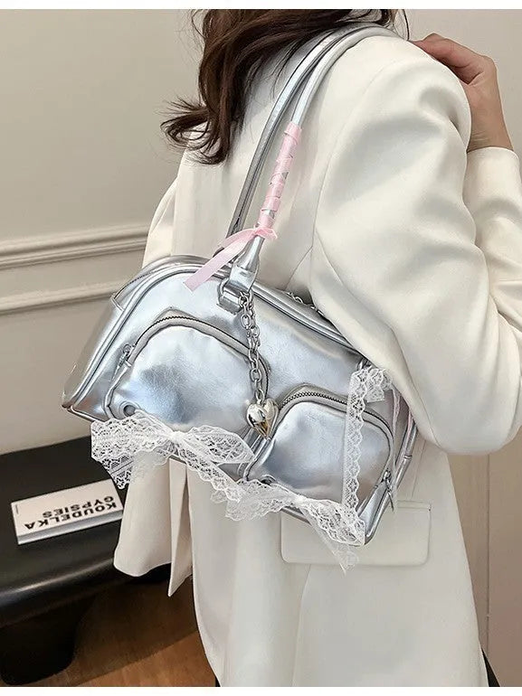 Large capacity PU shoulder bag in beige with crossbody straps and mobile phone pocket