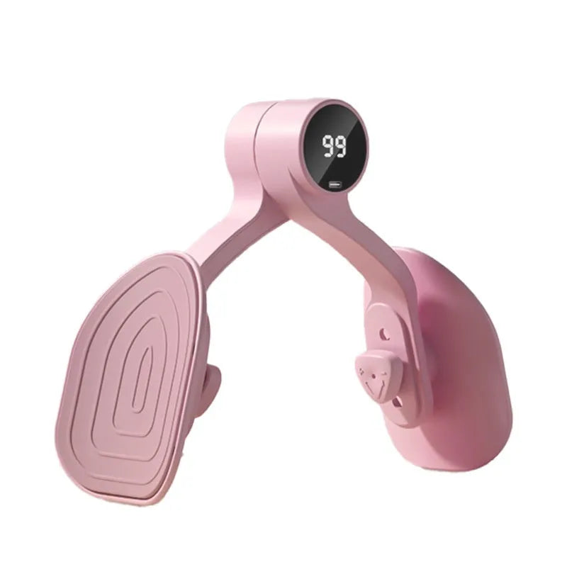 Pink and purple pelvic floor muscle trainer with rubber-coated handles and three resistance settings