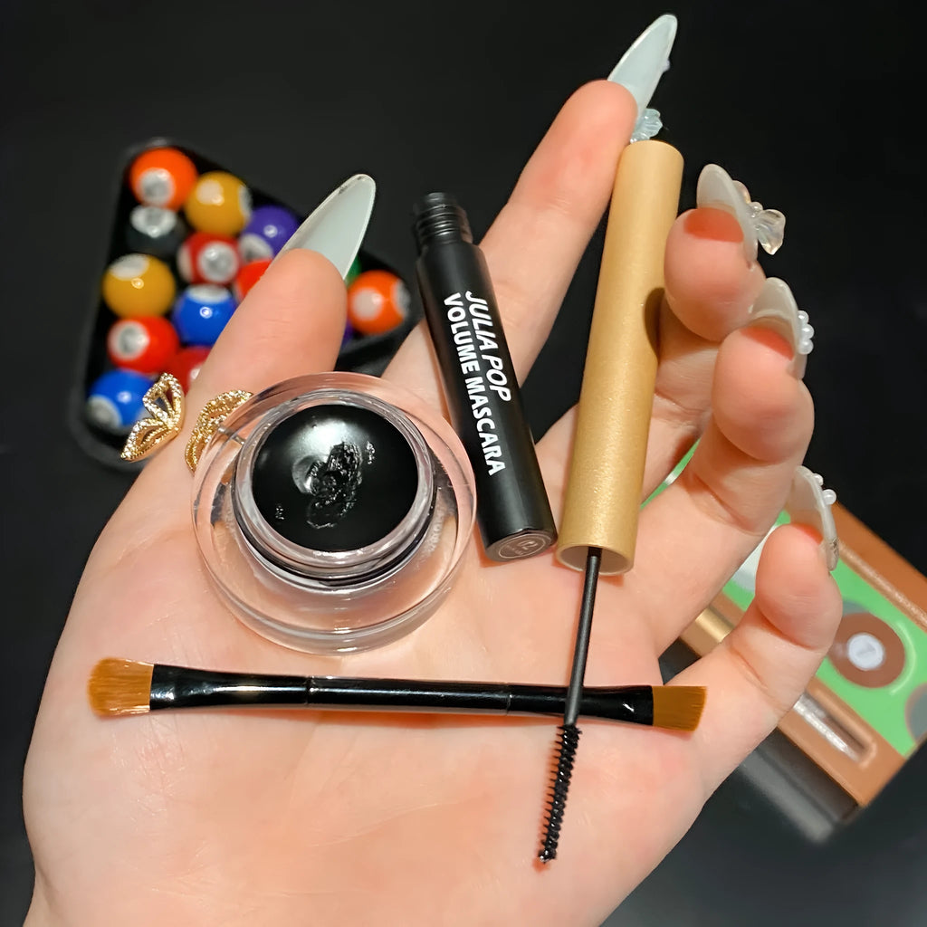 Eyeliner makeup set with mascara, eyeliner, and brush in black or brown, smudge-free and waterproof.